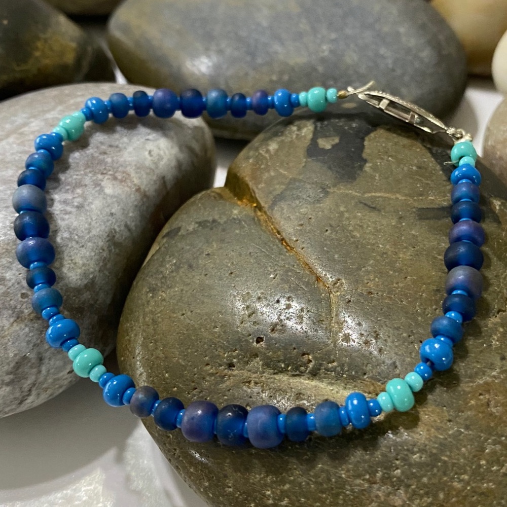 Handmade Blue and Turquoise Glass Seed Bead Boho Artisan Beaded Bracelet